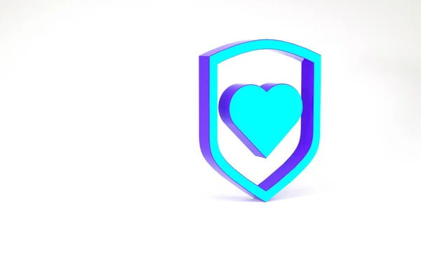 Turkos hjärta med sköld ikon isolerad på vit bakgrund. Kärlekssymbol. Säkerhet, skydd, skydd, skyddskoncept. Alla hjärtans dag. Minimalistiskt koncept. 3D-återgivning för 3D — Stockfoto