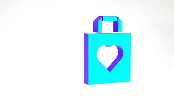 Bolso de compras turquesa con icono del corazón aislado sobre fondo blanco. Tienda de bolsas de compras amor como icono del corazón. Símbolo de San Valentín. Concepto minimalista. 3D ilustración 3D render — Foto de Stock
