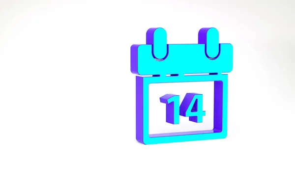 Calendario turquesa con icono del 14 de febrero aislado sobre fondo blanco. Día de San Valentín. Símbolo de amor. Concepto minimalista. 3D ilustración 3D render — Foto de Stock