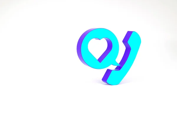 Teléfono turquesa con burbuja de voz emoji corazón obtener mensaje en el icono de la pantalla aislado en el fondo blanco. Día de San Valentín. Concepto minimalista. 3D ilustración 3D render — Foto de Stock