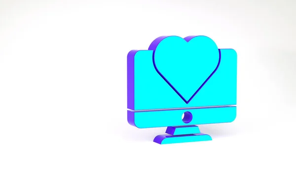 Tyrkysový monitor s ikonou srdce izolovanou na bílém pozadí. Valentýn. Minimalismus. 3D ilustrace 3D vykreslení — Stock fotografie
