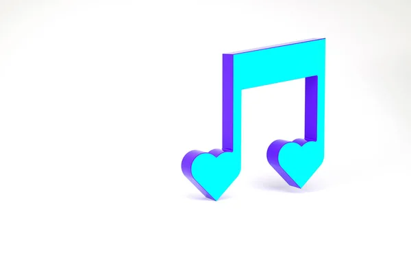 Türkis Musik Note, Ton mit Herz Symbol isoliert auf weißem Hintergrund. Valentinstag. Minimalismus-Konzept. 3D Illustration 3D Renderer — Stockfoto