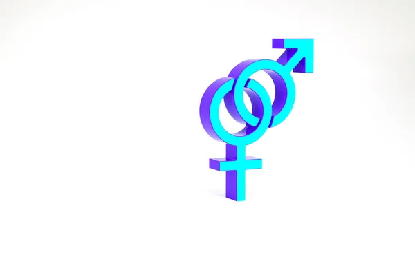 Icône de genre turquoise isolée sur fond blanc. Symboles d'hommes et de femmes. Un sex-symbole. Concept de minimalisme. Illustration 3D rendu 3D — Photo