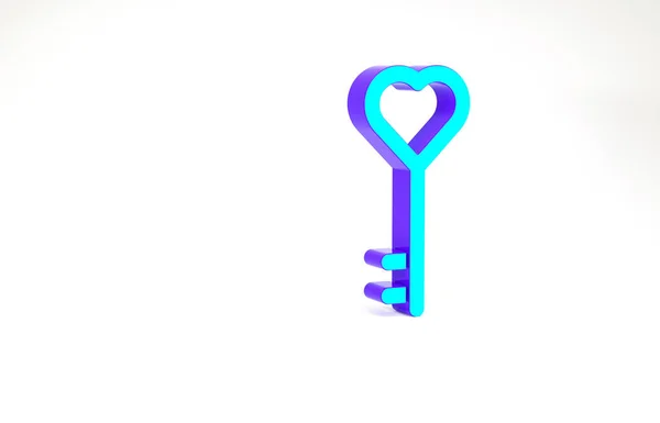 Türkis Schlüssel in Herzform Symbol isoliert auf weißem Hintergrund. Valentinstag. Minimalismus-Konzept. 3D Illustration 3D Renderer — Stockfoto