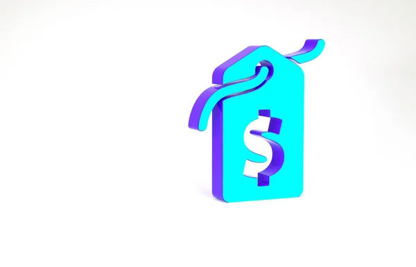 Turquoise Árcédula dollár ikon elszigetelt fehér alapon. A jelvény ára. Eladva dollár szimbólummal. Promo tag kedvezmény. Minimalizmus koncepció. 3d illusztráció 3D render — Stock Fotó