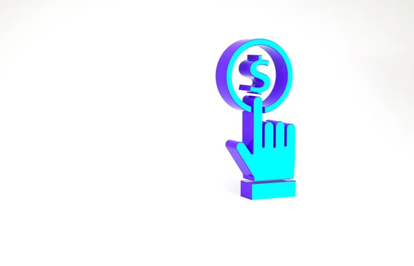 Mão azul-turquesa segurando ícone de moeda isolada no fundo branco. Dólar ou símbolo USD. Cash Banking sinal de moeda. Conceito de minimalismo. 3D ilustração 3D render — Fotografia de Stock