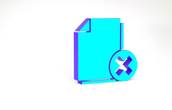 Ікона файлового документа Turquoise Delete ізольована на білому тлі. Ікона документів відхилена. Крос на папері. Концепція мінімалізму. 3D-рендеринг — стокове фото