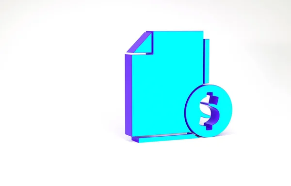 Turquoise Finanse dokument ikona izolowana na białym tle. Papierowy dokument bankowy z monetą dolarową na fakturze lub koncepcji rachunku. Koncepcja minimalizmu. Ilustracja 3D 3D renderowania — Zdjęcie stockowe