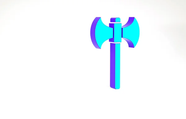 ターコイズ白地に孤立した中世の斧アイコン。戦闘斧、死刑執行斧。最小限の概念。3Dイラスト3Dレンダリング — ストック写真