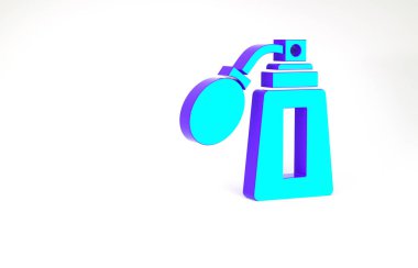 Beyaz arka planda izole edilmiş atom ikonu olan turkuaz tıraş losyonu şişesi. Parfüm spreyi ikonu. Erkek parfüm şişesi. Minimalizm kavramı. 3d illüstrasyon 3B canlandırma