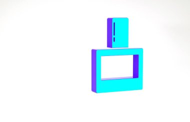 Beyaz arka planda turkuaz tıraş losyonu ikonu izole edildi. Parfüm spreyi ikonu. Erkek parfüm şişesi. Minimalizm kavramı. 3d illüstrasyon 3B canlandırma