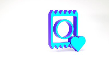 Beyaz arkaplanda izole edilmiş paket simgesinde turkuaz prezervatif. Güvenli aşk sembolü. Erkekler için doğum kontrol yöntemi. Minimalizm kavramı. 3d illüstrasyon 3B canlandırma