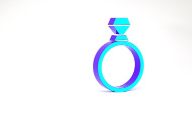 Turkuaz elmas nişan yüzüğü ikonu beyaz arka planda izole edildi. Minimalizm kavramı. 3d illüstrasyon 3B canlandırma
