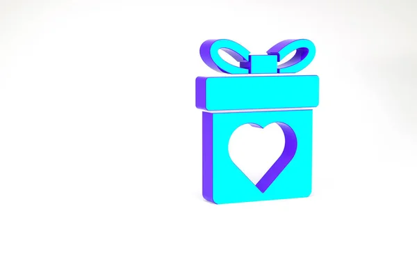 Türkiz Ajándék doboz szív ikon elszigetelt fehér alapon. Valentin nap. Minimalizmus koncepció. 3d illusztráció 3D render — Stock Fotó