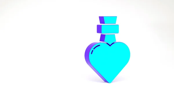 Turquoise Bottle with love potion icon isolated on white background. Valentines day symbol. Minimalism concept. 3d illustration 3D render — Stock Photo, Image