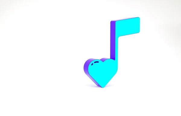 Turquoise Note de musique, ton avec icône de coeur isolé sur fond blanc. Saint Valentin. Concept de minimalisme. Illustration 3D rendu 3D — Photo