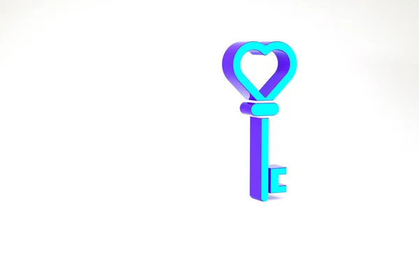 Türkis Schlüssel in Herzform Symbol isoliert auf weißem Hintergrund. Minimalismus-Konzept. 3D Illustration 3D Renderer — Stockfoto