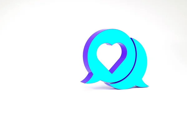 Konuşma baloncuğu ikonunda turkuaz kalp beyaz arkaplanda izole edildi. Minimalizm kavramı. 3d illüstrasyon 3B canlandırma — Stok fotoğraf