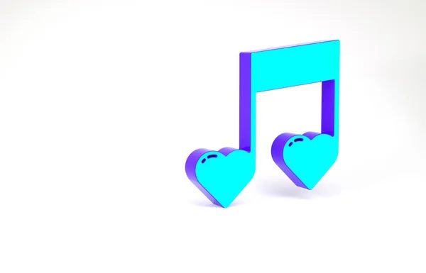 Türkis Musik Note, Ton mit Herz Symbol isoliert auf weißem Hintergrund. Valentinstag. Minimalismus-Konzept. 3D Illustration 3D Renderer — Stockfoto