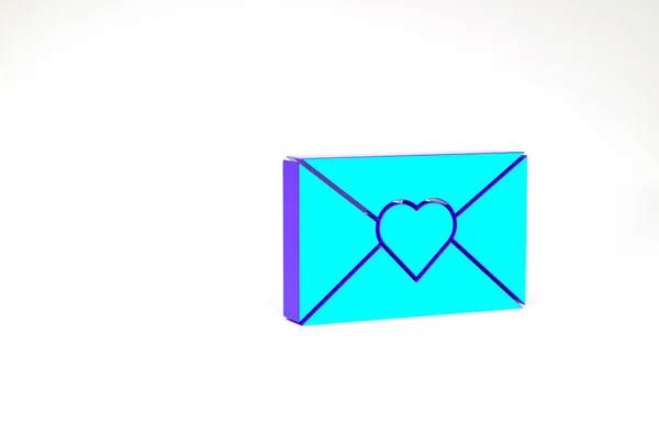 Tyrkysová obálka s ikonou Valentýna srdce izolované na bílém pozadí. Láska ke vzkazu. Dopis s láskou a romantikou. Minimalismus. 3D ilustrace 3D vykreslení — Stock fotografie