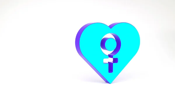 Beyaz arka planda izole edilmiş dişi cinsiyet sembolü olan turkuaz kalp. Venüs sembolü. Bir kadın ya da organizmanın sembolü. Minimalizm kavramı. 3d illüstrasyon 3B canlandırma — Stok fotoğraf