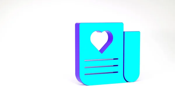 Sobres turquesa con icono del corazón de San Valentín aislado sobre fondo blanco. Mensaje amor. Carta de amor y romance. Concepto minimalista. 3D ilustración 3D render — Foto de Stock