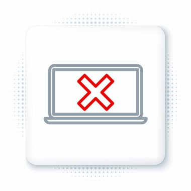 Beyaz arkaplanda izole edilmiş çizgi dizüstü bilgisayar ve çapraz iz. Hata penceresi, çıkış düğmesi, iptal, 404 hata sayfası konsept bulunamadı. Renkli taslak konsepti. Vektör.