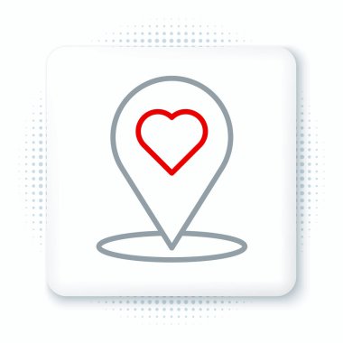 Beyaz arkaplanda kalp simgesi olan çizgi haritası işaretçisi. Sevgililer Günü. Aşk yeri. Romantik harita iğnesi. Renkli taslak konsepti. Vektör.