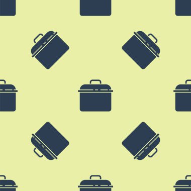 Mavi tencere ikonu sarı arka planda izole edilmiş pürüzsüz desen. Haşlama ya da güveç besin sembolü. Vektör.