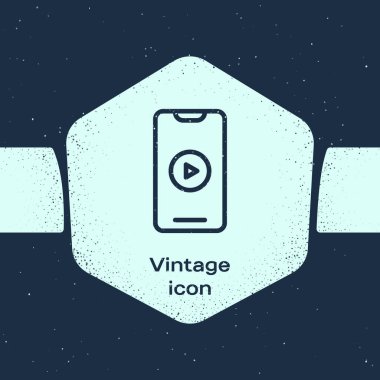 Grunge Line Online video oynatma simgesi mavi arkaplanda izole edildi. Akıllı telefon ve üzerinde oyun işareti olan film şeridi. Tek renkli klasik çizim. Vektör İllüstrasyonu.