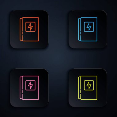 Renkli neon çizgisi simgesi siyah arkaplanda izole edildi. Kare düğmelere simgeleri yerleştir. Vektör.