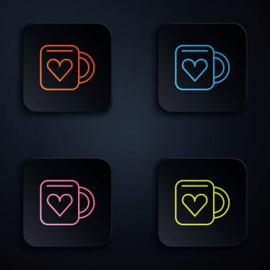 Renkli neon hattı kahve fincanı ve kalp ikonu siyah arka planda izole edilmiş. Sevgililer Günü 'nde sevgililer için birkaç kahve. Kare düğmelere simgeleri yerleştir. Vektör.