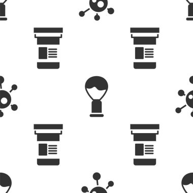 Virüsü, tıraş fırçasını ve ilaç şişesini kusursuz desene ayarlayın. Vektör.