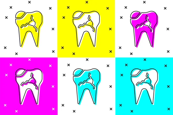 Setzen Sie Das Symbol Gebrochene Zähne Isoliert Auf Farbigem Hintergrund — Stockvektor