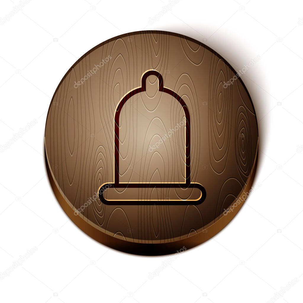 Brown line Condom safe sex icon isolated on white background. Safe love symbol. Contraceptive method for male. Wooden circle button. Vector Illustration.