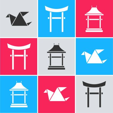 Origami kuşunu, Japon Kapısı 'nı ve Japon Kapı simgesini ayarlayın. Vektör.