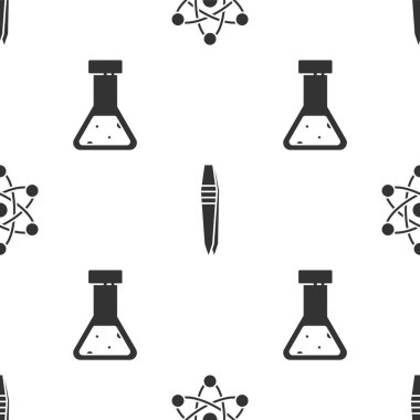 Atom, cımbız, test tüpü ve matara kimyasallarını kusursuz bir kalıba sokun. Vektör.