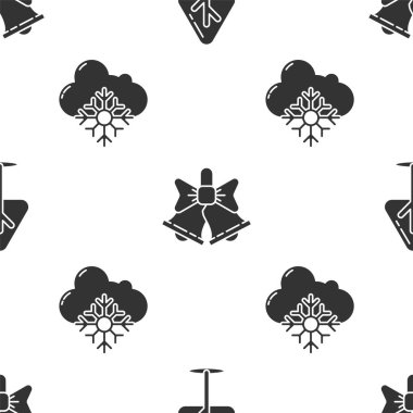 Noel ağacını kur, Mutlu Noeller zili çal ve karlı ve pürüzsüz desenli Bulut. Vektör.