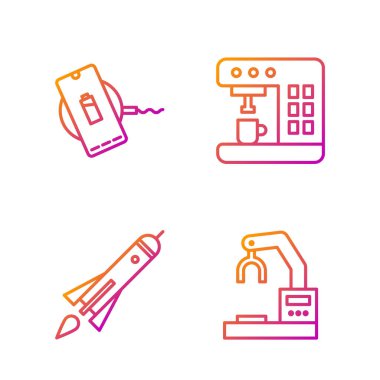 Robot kol fabrikası, ateşli roket gemisi, kablosuz şarj aleti ve kahve makinesi ayarlayın. Renk simgeleri. Vektör.