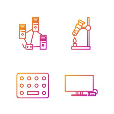 Akıllı TV, su toplayan haplar, bilgisayar ağı ve deney tüpünü ateşe verin. Renk simgeleri. Vektör.