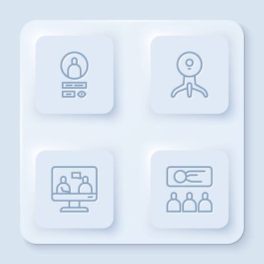 Satır Oluştur Hesap Ekranı, Web kamerası, Çevrimiçi Eğitim ve Eğitim, Sunum. Beyaz kare düğme. Vektör.