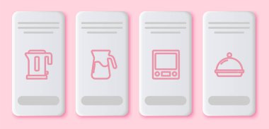 Elektrik ısıtıcısı, su dolu sürahi bardağı, elektronik pullar ve kaplanmış yemek tepsisi. Beyaz dikdörtgen düğme. Vektör.