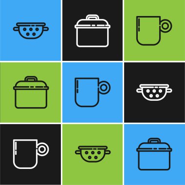 Mutfak süzgeci, kahve fincanı ve yemek pişirme ikonu. Vektör.