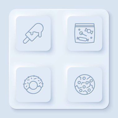 Dondurma, şeker paketleri, donut ve kurabiye bisküvileri. Beyaz kare düğme. Vektör.