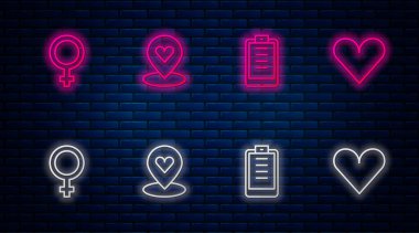 Satır konumunu kalp, pano kontrol listesi, kadın cinsiyet sembolü ve kalp ile ayarla. Tuğla duvarda parlayan neon simgesi. Vektör.