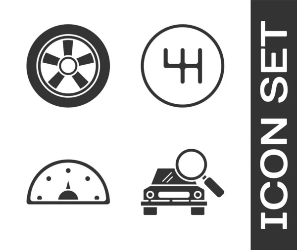 Set Auto Zoeken Auto Wiel Snelheidsmeter Versnellingspook Pictogram Vector — Stockvector