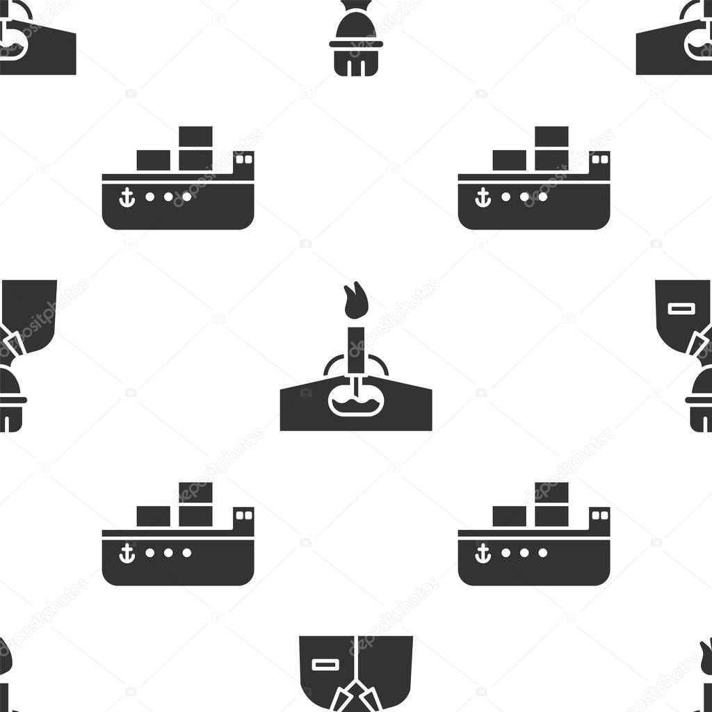 Set Oilman, Oil rig with fire and Oil tanker ship on seamless pattern. Vector.