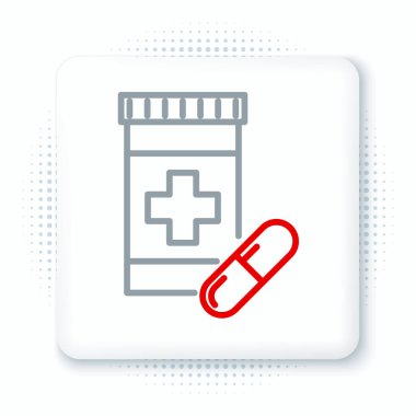 Hat ilacı şişesi ve beyaz arka planda izole edilmiş hap ikonu. Şişe hapı işareti. Eczane tasarımı. Renkli taslak konsepti. Vektör.