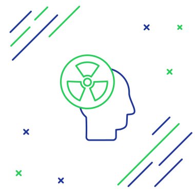 Bir insan kafası silueti ve beyaz arka planda izole edilmiş bir radyasyon sembolü. Renkli taslak konsepti. Vektör.