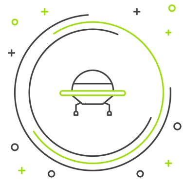 UFO uçan uzay gemisi simgesi beyaz arkaplanda izole edildi. Uçan daire. Uzaylı uzay gemisi. Gelecekteki bilinmeyen uçan nesne. Renkli taslak konsepti. Vektör.